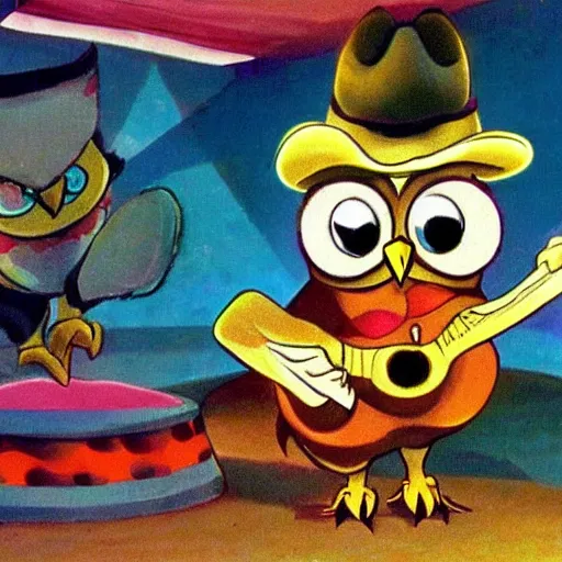 Prompt: an owl cowboy cartoon, saturday morning animation disney channel 1990s