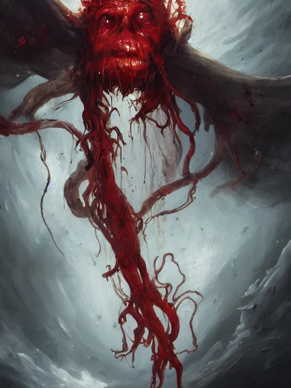 Image similar to painting by greg rutkowski of a flying sorrowful looking human head with tears running down it's eyes, face that is chalk white in color, with long sprawling white tentacles stemming down it's neck, fiery scorching red eyes, flying in a terrying hellish dark cavernous place