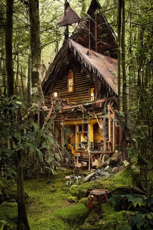 Prompt: a storybook style ramshackle multistory fairytale hut in the forest by Arthur Adams