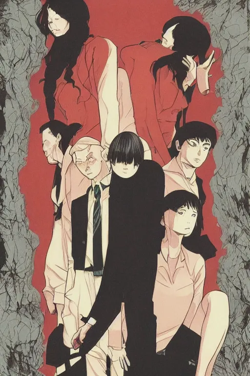 Image similar to twin peaks horror detective manga comic cover, dramatic, beautifully drawn coherent professional, drawn by ilya kuvshinov, satoshi kon, tsutomu nihei. by tomer hanuka and michael whalen, minimalist stylized cover art, cel shaded