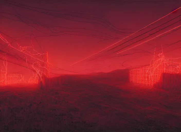 Prompt: Landscape, neon, red, glowing, wires everywhere, by Edgar Maxence and Ross Tran, Zdzisław Beksiński, and Michael Whelan, distant, gustav dore, H.R. Giger, 8k, octane render