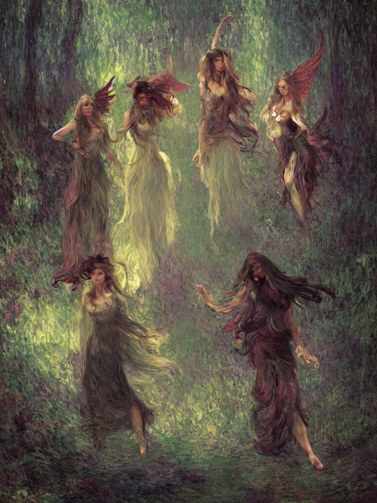 Prompt: illustration studio portrait of three dark beautiful seraphim female energy dancing in artistic poses in a witch's coven at the forest, a big firepit emerges, monet painterly motives and textures pattern, hyper detailed, octane render, vivid colors, artstation, by jeremy mann, by alphonse mucha, by monet