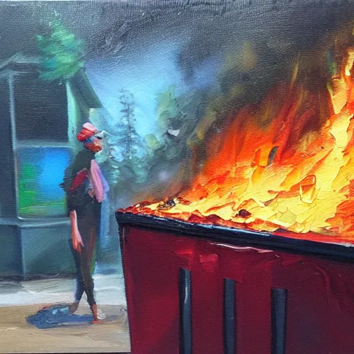 Image similar to a dumpster on fire, raccoons running around, high art, oil painting