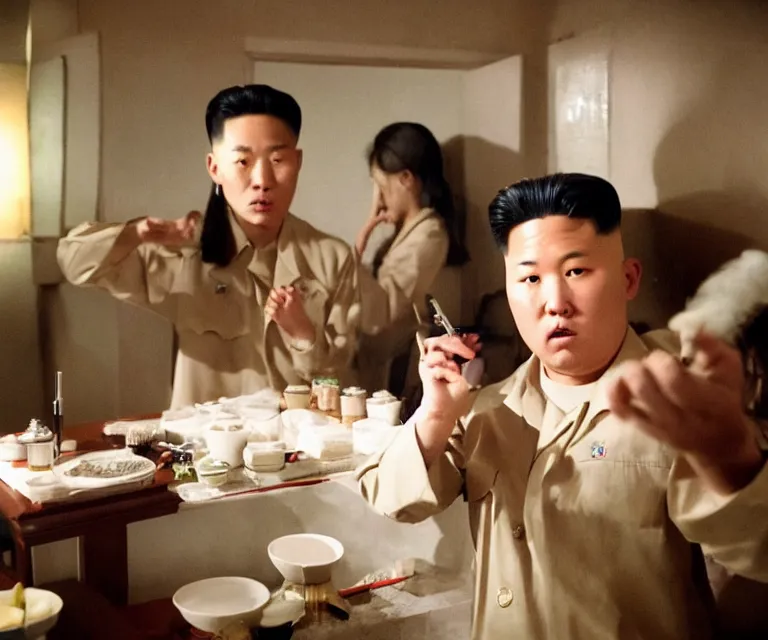 Image similar to hyperralism pineapple express movie still photography of real detailed north korean kim chen with detailed face smoking detailed weed in basement bedroom photography by araki nobuyoshi