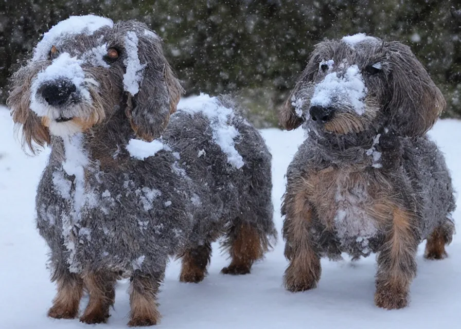 Prompt: Giant prehistoric woolly dachshund, in the middle of a snow storm