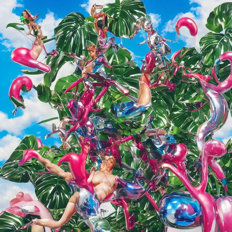 Image similar to an extreme close - up of a statue chrome cyborg lycra nymph battling a giant inflatable flamingo pool float, christmas cactus arnold schwarzenegger and monstera plants, fireworks thick smoke epic clouds, by jeff koons, hajime soryama, boris vallejo, artgerm, greg rutkowski, alphonse mucha