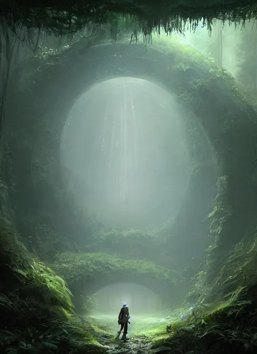 Image similar to a man standing in a tunnel in the middle of a forest, a matte painting by stephan martiniere, featured on cgsociety, fantasy art, matte painting, unreal engine 5, tesseract