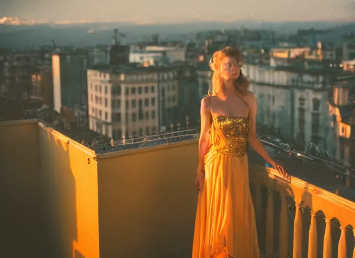 Image similar to a fantasy queen stands on a balcony overlooking a fantasy city, golden light and glow, 3 5 mm photography