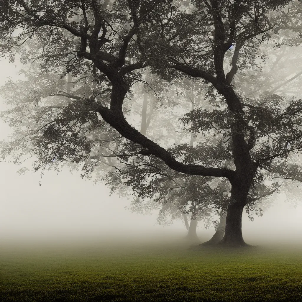 Image similar to A tree growing on a meadow partially covered with morning fog, with leaves divided in four seasons of the year, with tree hollow, with rope ladder, cinematic lighting, photo realistic image, 4K, super detailed, cinematic look