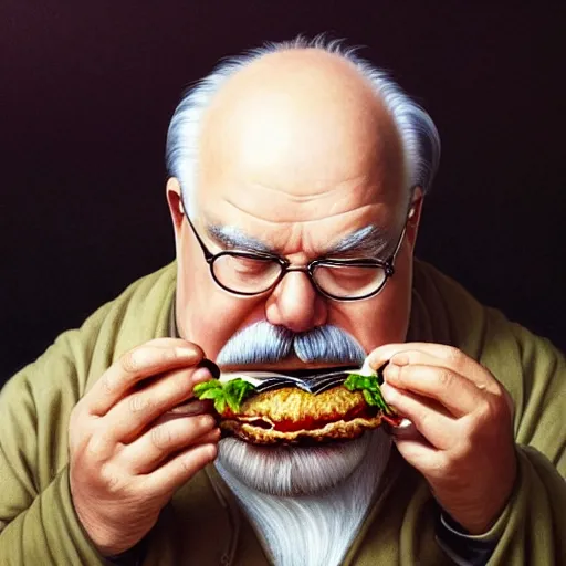 Prompt: portrait of a Wilfred Brimley eating a hamburger, extra onions and ketchup, luscious patty with sesame seeds, masculine, handsome, D&D, fantasy, intricate, elegant, highly detailed, digital painting, artstation, concept art, matte, sharp focus, illustration, art by Artgerm and Greg Rutkowski and Alphonse Mucha