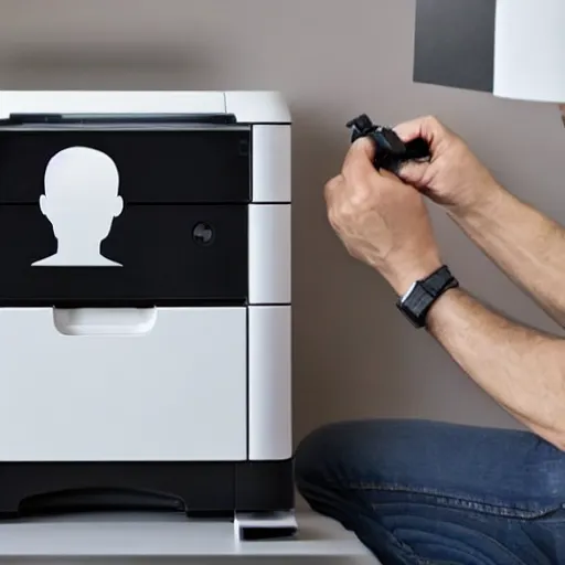 Image similar to a man staring at a printer, hyper realistic, very detailed.