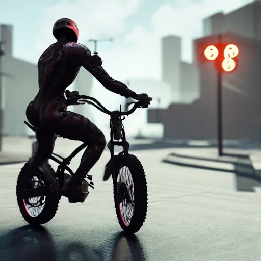 Prompt: a hyperrealistic 3d render of Remi Malek riding a bike. intricate details. arnold render. Trending on ArtStation. Centered. Vivid cinematic lighting. Cyberpunk background. In the style of LaVista.