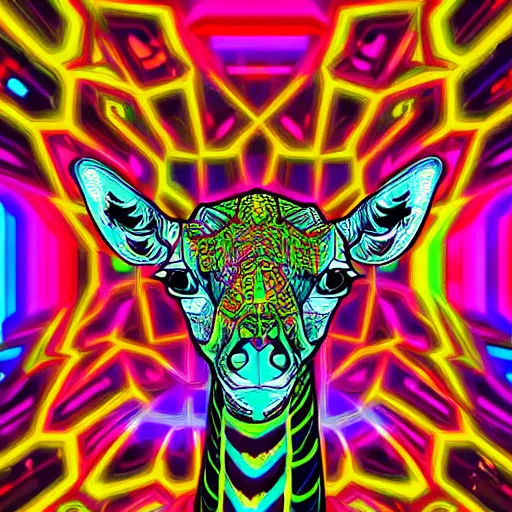 Image similar to a psychedelic neon technicolor portrait illustration of a cyberpunk giraffe in geometric kaleidoscopic colors trending on artstation 4 k intricate extremely detailed digital art