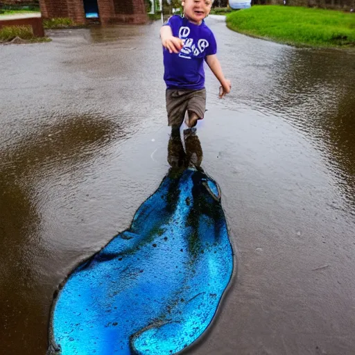 Prompt: boy playing in a puddle with a giant blue tadpole