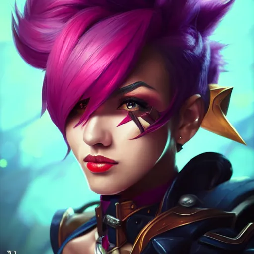 Image similar to portrait of Vi from League of Legends, by Fortiche Studio, by Riot Games, from Netflix's Arcane, trending on artstation,fine details, realistic shaded, fine-face, painted texture, pretty face, Character Portrait, Digital Art, Highly Detailed