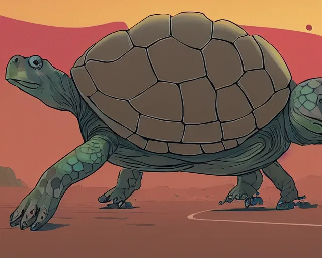 Prompt: a study of cell shaded cartoon turtle with a video camera for a head and 6 legs, on a desert road, illustration, wide shot, subtle colors, post grunge, concept art by josan gonzales and wlop, by james jean, victo ngai, highly detailed, sharp focus, trending on artstation, hq, deviantart, art by artgem