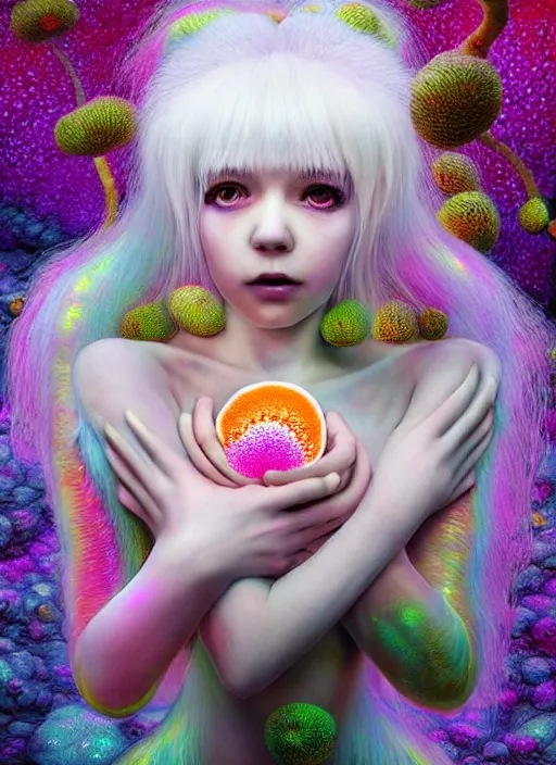 Image similar to hyper detailed 3d render like a Oil painting - kawaii portrait Aurora (white haired Singer Ferret) seen Eating of the Strangling network of yellowcake aerochrome and milky Fruit and Her delicate Hands hold of gossamer polyp blossoms bring iridescent fungal flowers whose spores black the foolish stars by Jacek Yerka, Mariusz Lewandowski, Houdini algorithmic generative render, Abstract brush strokes, Masterpiece, Edward Hopper and James Gilleard, Zdzislaw Beksinski, Mark Ryden, Wolfgang Lettl, hints of Yayoi Kasuma, octane render, 8k