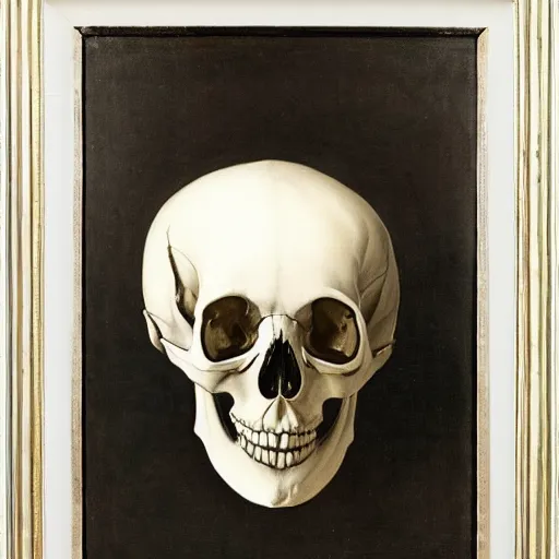 Image similar to a painting of a human skull with diamonds for eyes nestled on a bed of white lilies, dark shadowy background, in the style of a still life painting by francisco de zurbaran