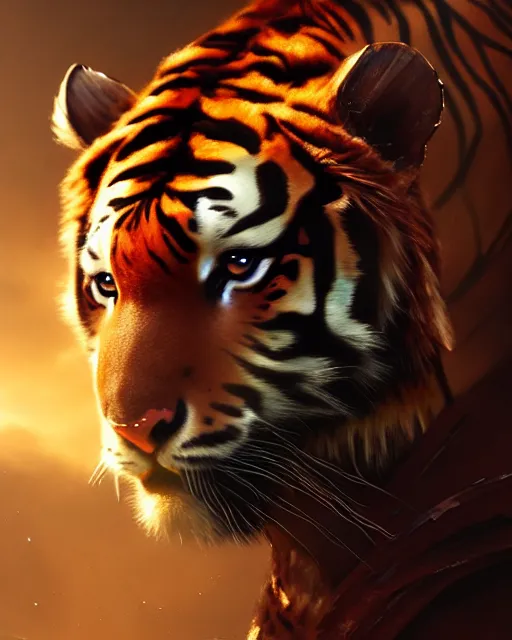 Image similar to daniel gerhartz and wlop and tom baghshaw, detailed portrait, digital painting of a beautiful half - tiger half - woman, evil mood, throne room in the background, embers flying, unreal engine, hyper realism, realistic shading, cinematic composition, blender render, octane render, ultrawide shot