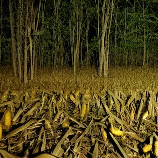 Prompt: nighttime trail cam footage, several floating corn cobs, ominous