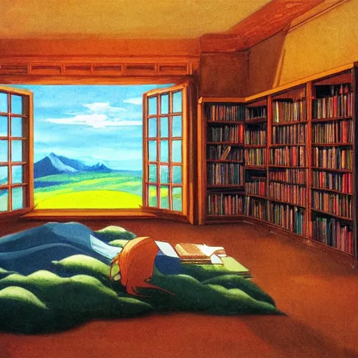 Prompt: Ancient fantasy library with a large window looking out at a stormy lanscape, Studio Ghibli and Edward Hopper