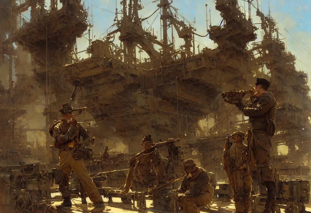 Image similar to us soldier in shipyard dieselpunk painting by gaston bussiere, craig mullins, j. c. leyendecker