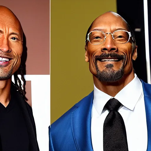 Image similar to a picture of Dwayne Johnson, snoop Dogg and Jackie Chan posing together for the camera