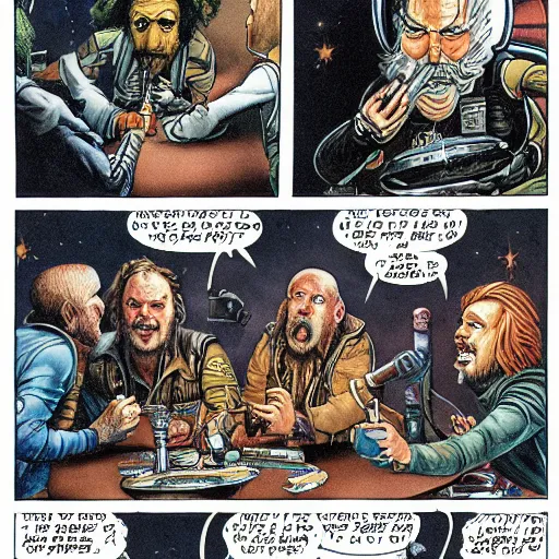 Image similar to scruffy punk starship crew sitting at table and getting drunk and singing folk music, extraterrestrials, alien 1 9 7 9, ron cobb, jim henson creature shop, mike mignogna, highly detailed, comic book, science fiction, used future