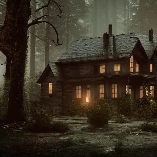 Image similar to horror, house, forest, rain, dark, octane render, artstation, unreal engine 5 highly detailed, epic composition,