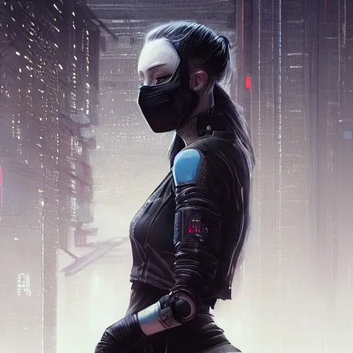 Image similar to sophie turner, streetwear techwear cyberpunk style outfit, partial mask, detailed portrait, intricate complexity, by greg rutkowski, cushart krentz, artgerm, ross tran, conrad roset, takato yomamoto, ilya kuvshinov. 4 k, beautiful, cinematic dramatic atmosphere, portrait lighting