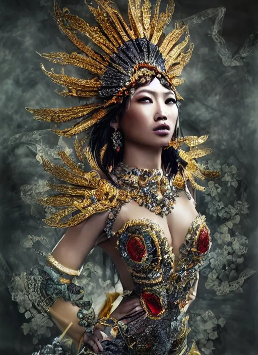 Image similar to expressive full body photo of a filipino female model, ornate headpiece made from flowers, ornaments, glamour shot, by karol bak, by stefan gesell, photorealistic, canon r 3, fashion photography, hyper maximalist, elegant, ornate, luxury, elite, environmental portrait, symmetrical features, octane render, unreal engine, solid dark grey background, dramatic lights