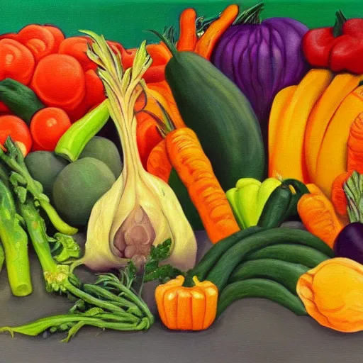 Image similar to a cornucopia of evil vegetables, oil on canvas