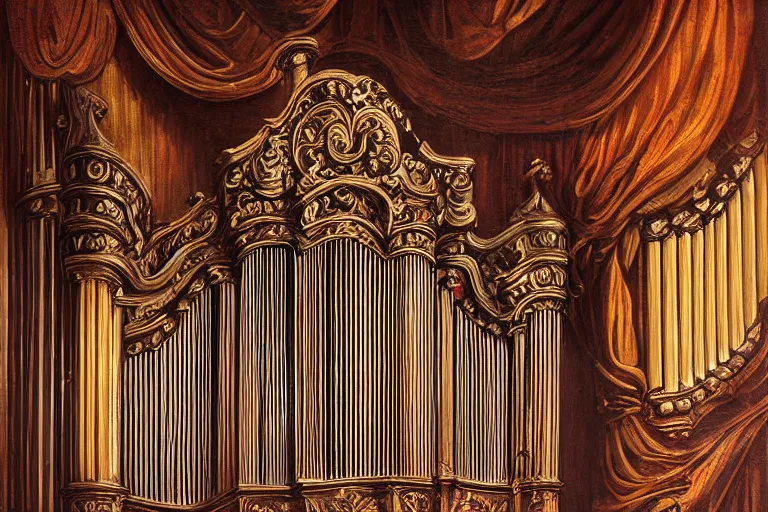 Image similar to pipe organ shape carved into dark smoke, high detail baroque oil painting