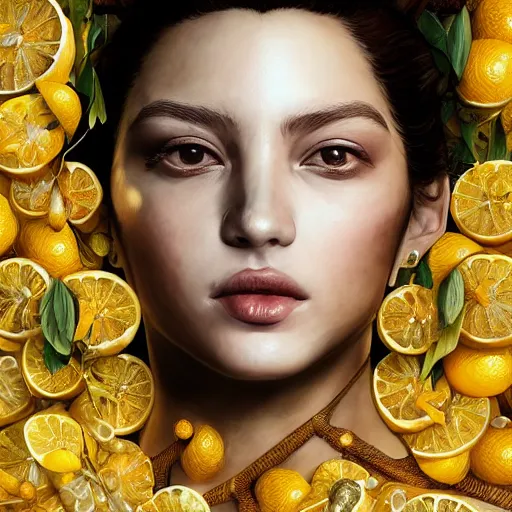 Image similar to the portrait of an absurdly beautiful, graceful, elegant, sophisticated, young idol made up of lemons, an ultrafine hyperdetailed illustration by kim jung gi, irakli nadar, intricate linework, bright colors, octopath traveler, final fantasy, unreal engine 5 highly rendered, global illumination, radiant light, detailed and intricate environment