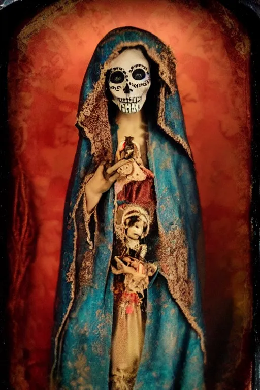 Image similar to tintype virgin mary in dia de muertos dress and make up, horrific beautiful vibe, evocative, atmospheric lighting, painted, intricate, highly detailed,