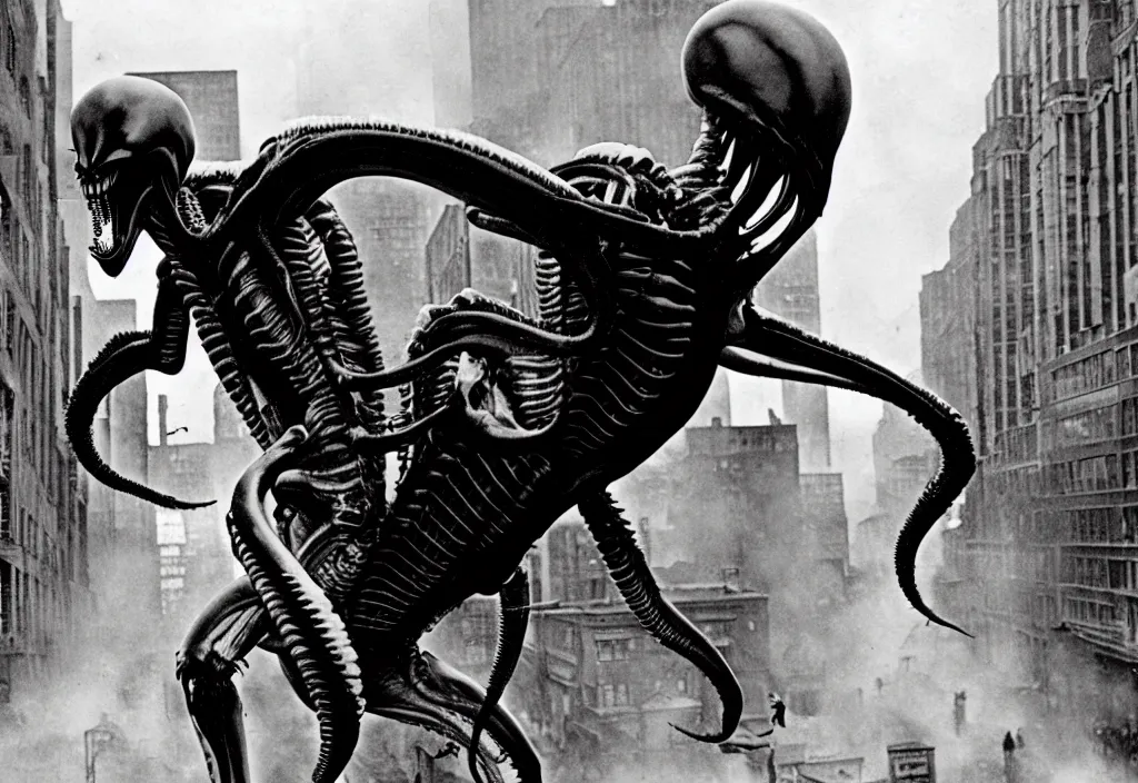 Image similar to old black and white photo, 1 9 1 3, depicting a xenomorph from the movie aliens rampaging through the bustling streets of toronto, historical record