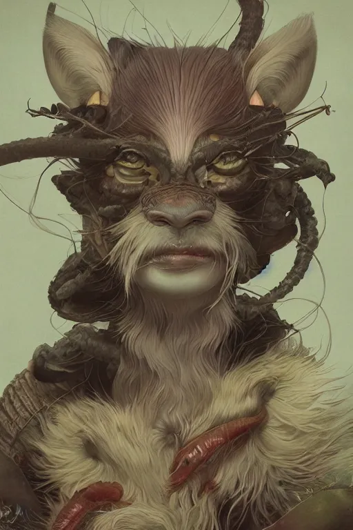 Image similar to a portrait of a japanese strange animal illustrated by miyazaki by karol bak, james jean, tom bagshaw, rococo, sharp focus, trending on artstation, cinematic lighting, hyper realism, octane render, 8 k, hyper detailed, vivid, ultra detailed, highly detailed