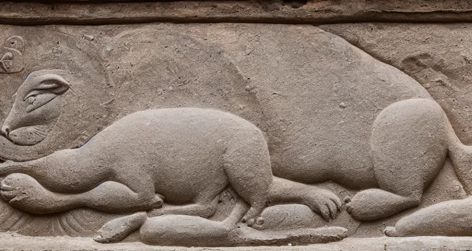 Prompt: Stone bas-relief of a Capybara, on wall of Sri Dalada Maligawa, Temple of Buddha tooth, Kandy, Sri Lanka