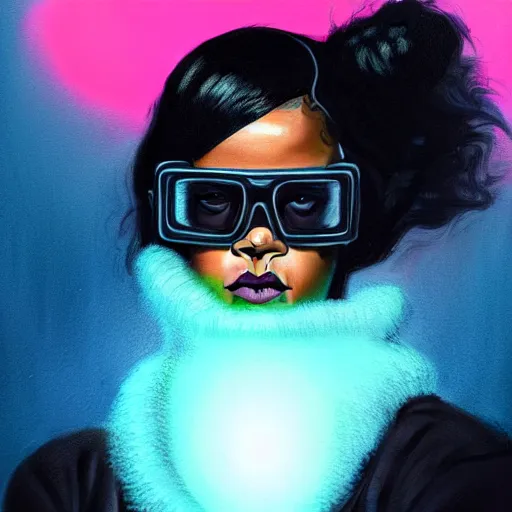 Image similar to Rihanna wearing opaque reflective goggles profile picture by Greg Rutkowski, brown skin, very long hair, dune, asymmetrical, futuristic, neon volumetric lights, cool colors, streetwear, studio ghibli, Organic Painting , Matte Painting, geometric shapes, hard edges, street art, trending on the artstation, fantasy LUT, realistic by Sachin Teng + Martin Grip + Moebius + Patrick Gleason, smooth, sharp focus, illustration, art by John Collier and Albert Aublet and Krenz Cushart and Artem Demura and Alphonse Mucha, techwear, Industrial Scifi, detailed illustration, character portrait,