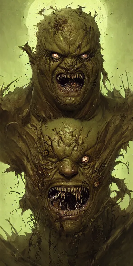 Prompt: Facial portrait. Nurgle, looking at the camera, disgusted. fear inspiring mood, intimidating, extremely detailed painting. by Greg Rutkowski and by Henry Justice Ford and by Steve Henderson.