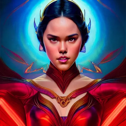 Image similar to catriona gray as darna, volumetric lights, red and cyan theme, art nouveau botanicals, intricate, highly detailed, digital painting, artstation, concept art, smooth, sharp focus, cinematic, illustration, beautiful face, art by artgerm and greg rutkowski and alphonse mucha