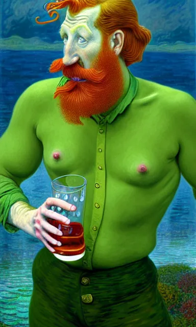 Prompt: Distinguished british ginger Merman Researcher (Nigel Thornberry) drinking the finest whiskey in a glass, Algae. Trending on ArtStation and Pixiv. A vibrant digital oil painting. A highly detailed fantasy character illustration by Wayne Reynolds and Charles Monet and Gustave Dore and Carl Critchlow and Bram Sels