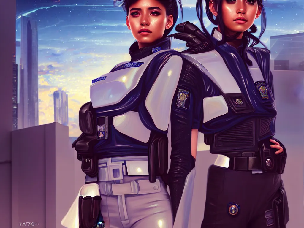 Image similar to portrait futuristic venezuela police uniform girl, at future neon light rooftop, ssci - fi and fantasy, intricate and very very beautiful and elegant, highly detailed, digital painting, artstation, concept art, smooth and sharp focus, illustration, art by tan zi and ayanamikodon and alphonse mucha and wlop