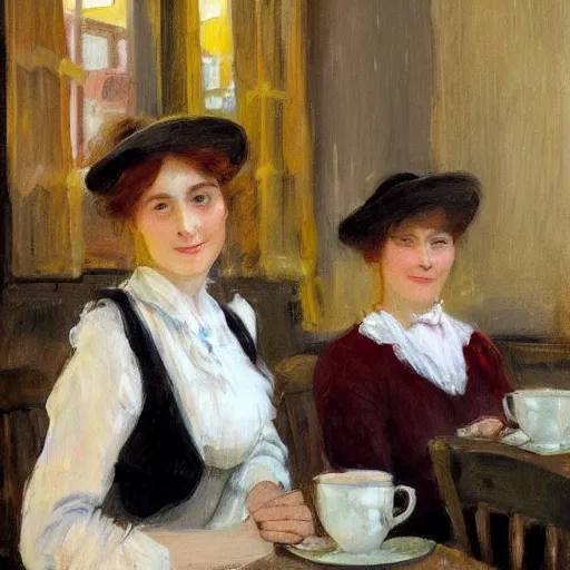 Image similar to two young edwardian women in a cafe in paris, in the style of anders zorn