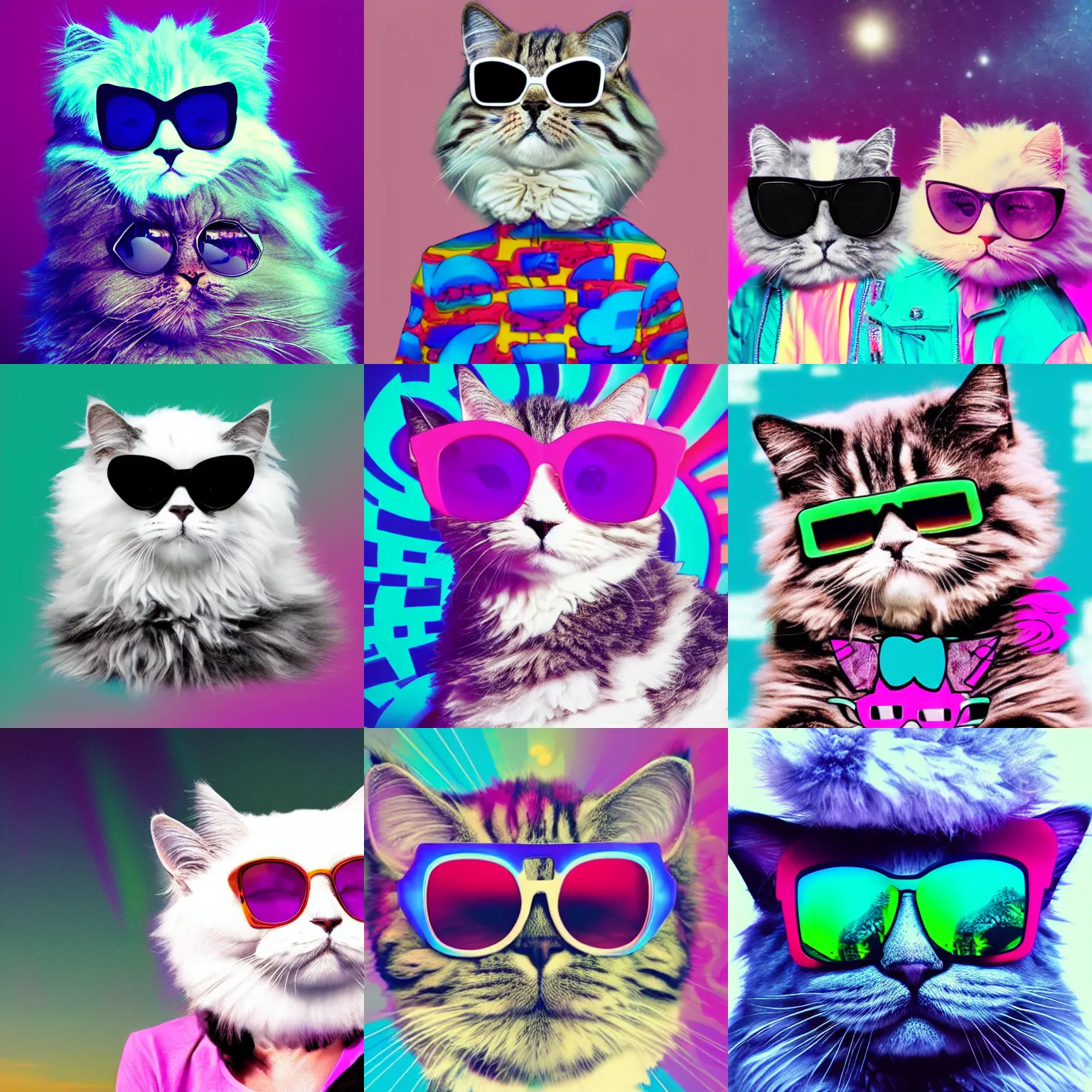 Prompt: the fluffiest cat in the Universe wearing sunglasses, vaporwave style
