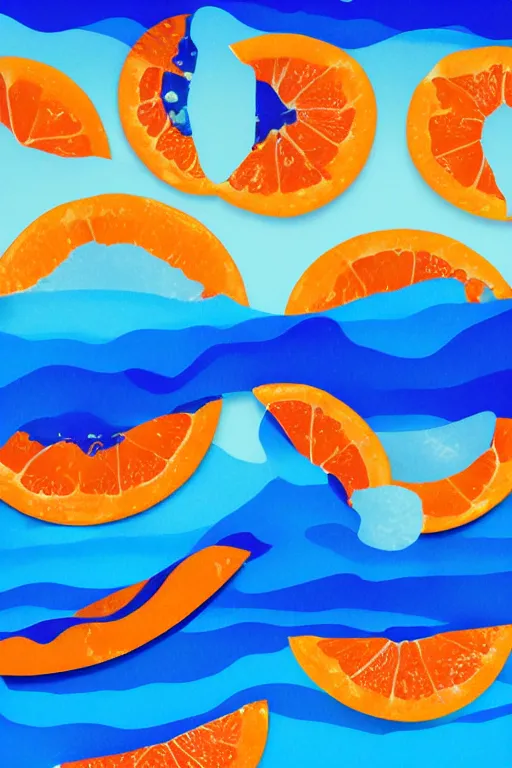 Image similar to a graphic design work of summer ,water,wave , orange and orange slices,blue theme and Yellow accents by Kenya Hara