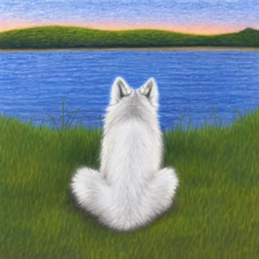 Image similar to rear view of fluffy baby grey wolf sitting on the shore of a pond looking out at the sunset, colored pencil on white background by eloise wilkin