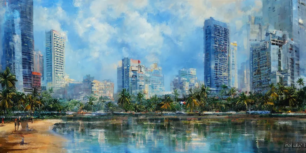 Prompt: colombo sri lanka cityscape, ocean, colombo world trade centre, art by Daniel F. Gerhartz