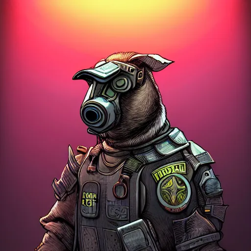 Prompt: a goose in a detective suit, pig, dystopia core, apocalyptic, armor, warrior, dramatic, sharp focus, fiction, neon, fantasy, hyper detailed, digital art, trending in artstation, cinematic lighting