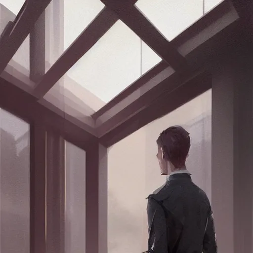 Image similar to concept art by greg rutkowski, very tall and thin young man, standing drinking a coffee looking out a large rectangular window inside a futuristic office, reddish exterior lighting, scifi, highly detailed portrait, digital painting, artstation, concept art, smooth, sharp foccus ilustration, artstation hq